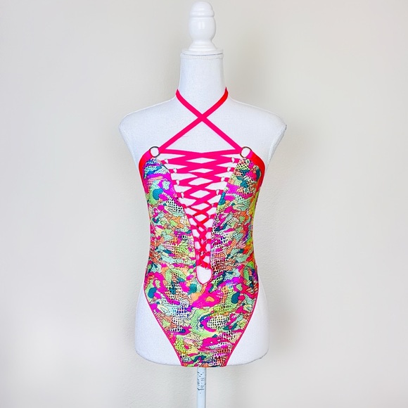 Dolls Kill Tops - HTF Club Exx Hot Pink & Green Foil Lace Up Rivet Strappy Rave Halter Bodysuit